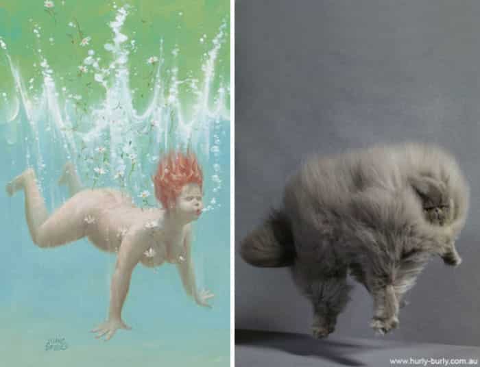 Кошка и фотомодель под водой