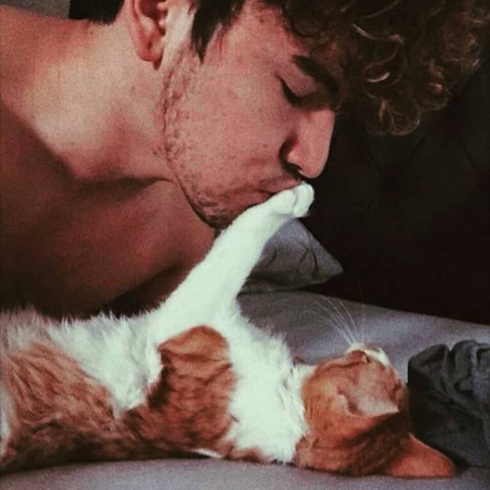 парень целует лапу кота
